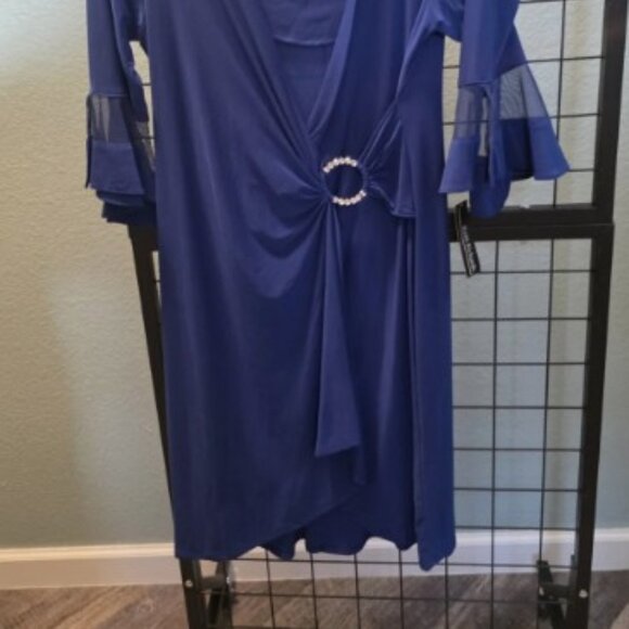 NWT R&M Richards Dress Size 8 Indigo Blue Rhinestone Faux Wrap Mesh Bell Sleeve - Picture 5 of 6